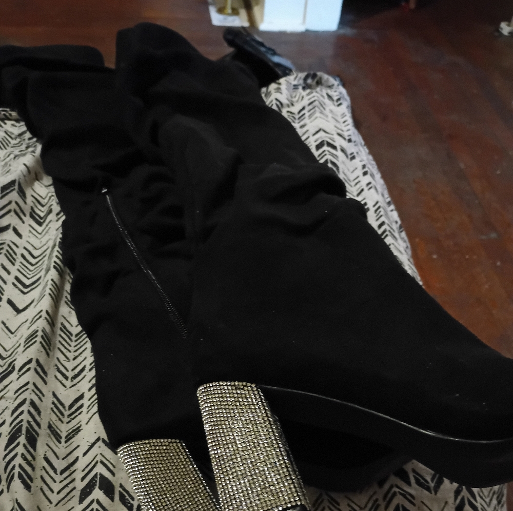 Black Suede Boots with Rhinestone Heels
